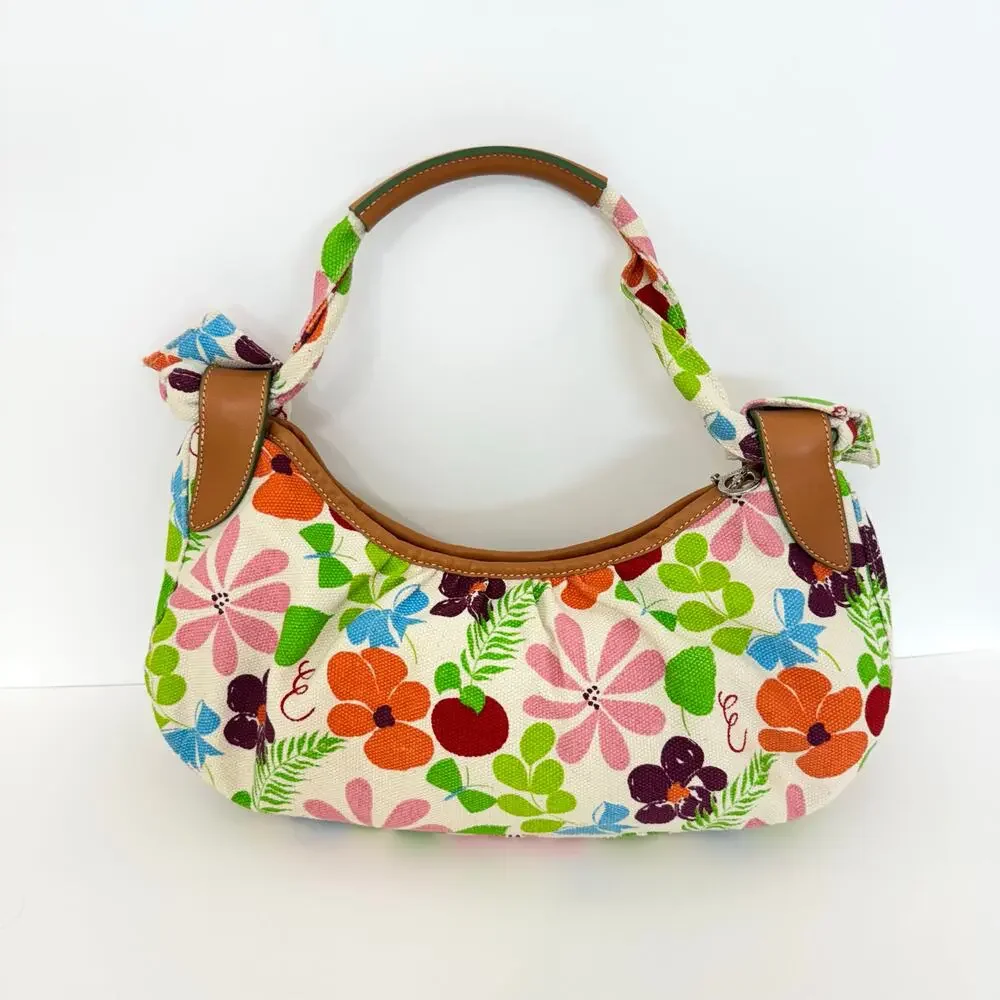 Longchamp Floral Canvas Leather Trim Shoulder Bag Baguette Made in France